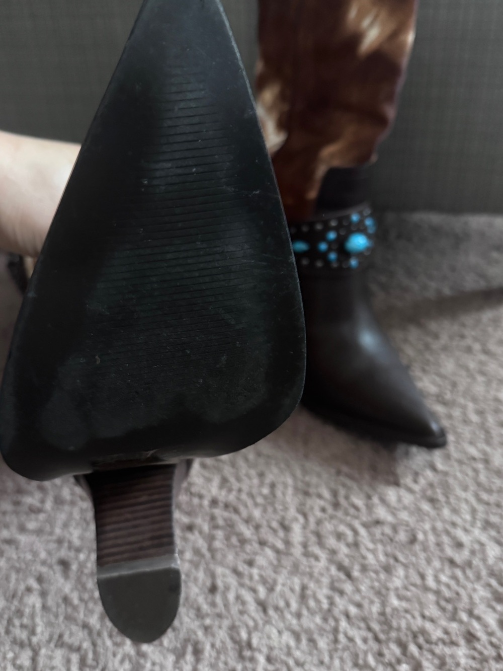 Western-Style Brown and White Hair-On Leather Boots with Turquoise Studs - Picture 4 of 4